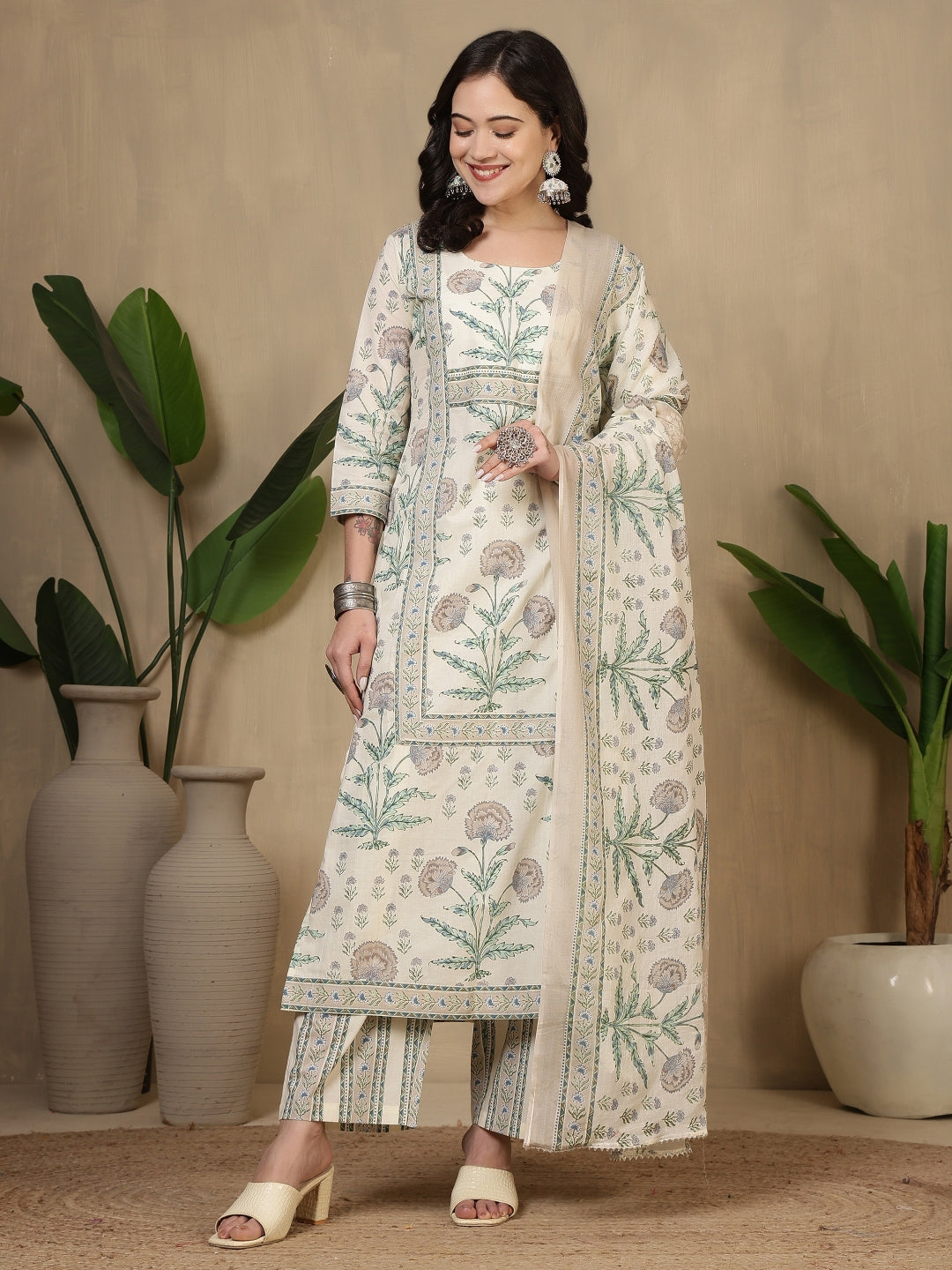 Cotton Printed Calf Length Round Neck Straight Kurta, Palazzo With Dupatta Set