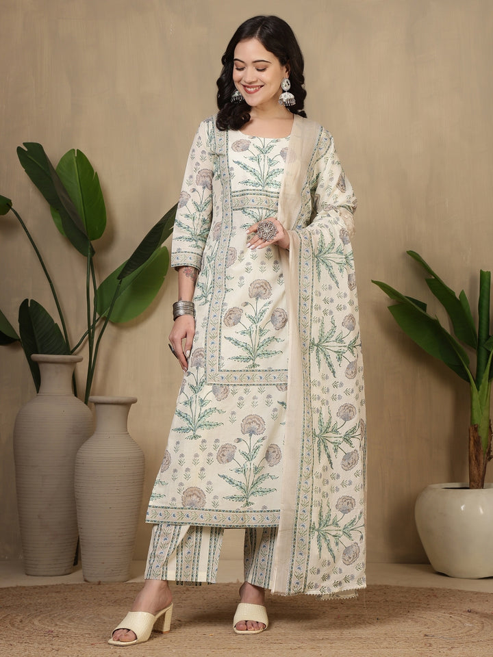 Cotton Printed Calf Length Round Neck Straight Kurta, Palazzo With Dupatta Set