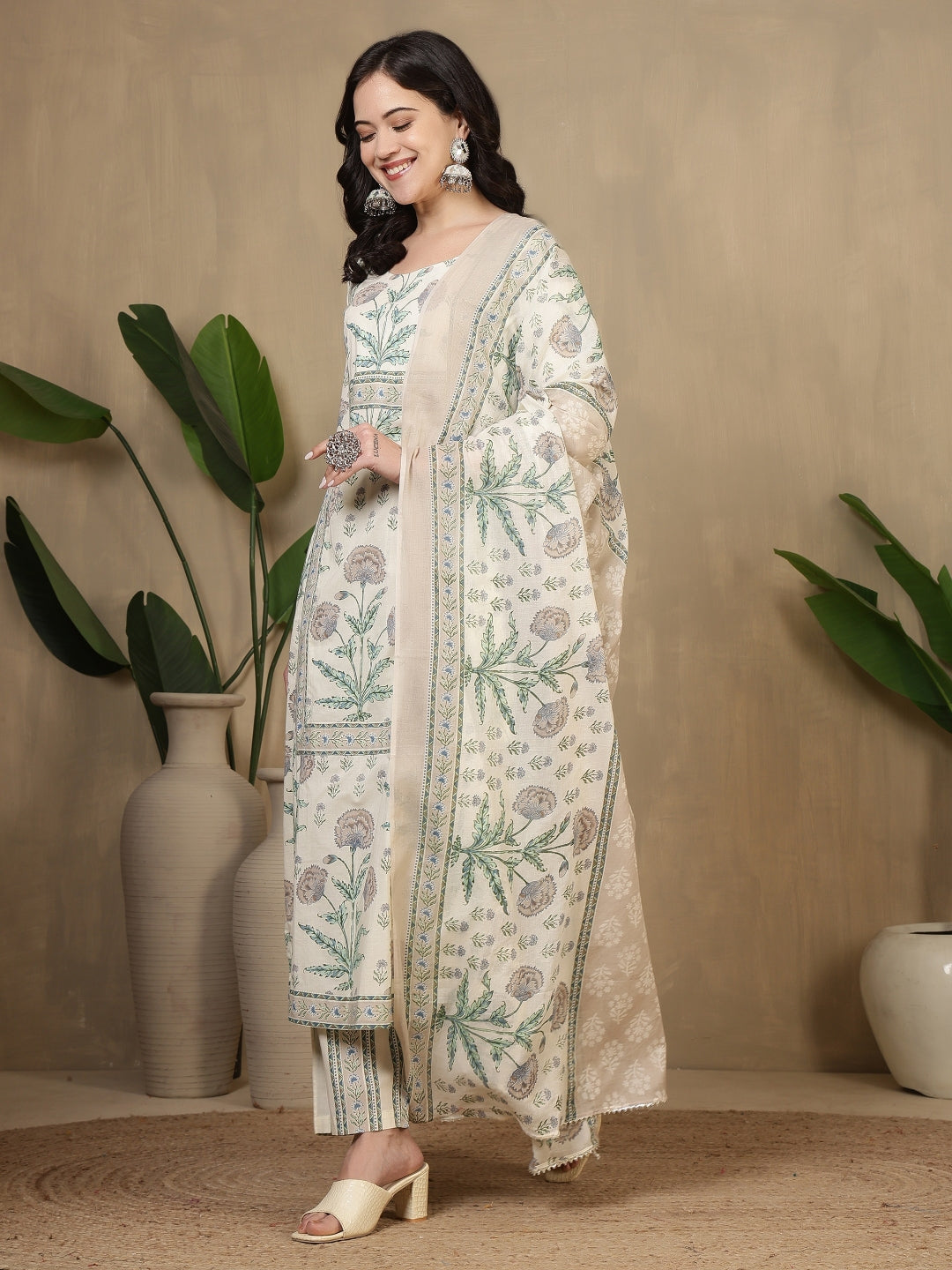Cotton Printed Calf Length Round Neck Straight Kurta, Palazzo With Dupatta Set