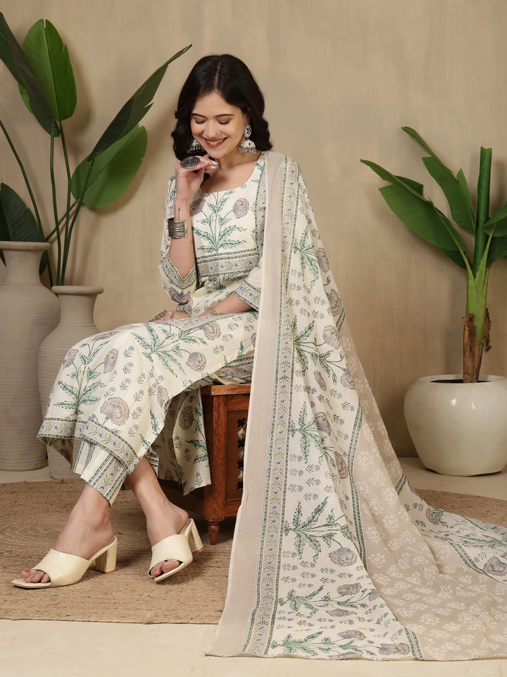 Cotton Printed Calf Length Round Neck Straight Kurta, Palazzo With Dupatta Set