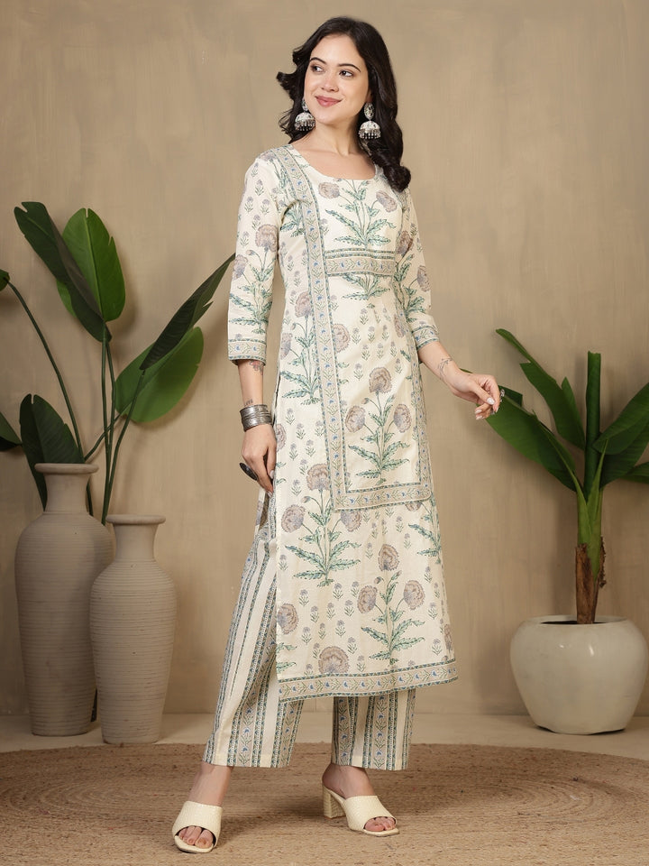 Cotton Printed Calf Length Round Neck Straight Kurta, Palazzo With Dupatta Set