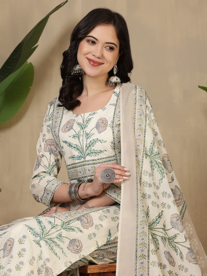 Cotton Printed Calf Length Round Neck Straight Kurta, Palazzo With Dupatta Set