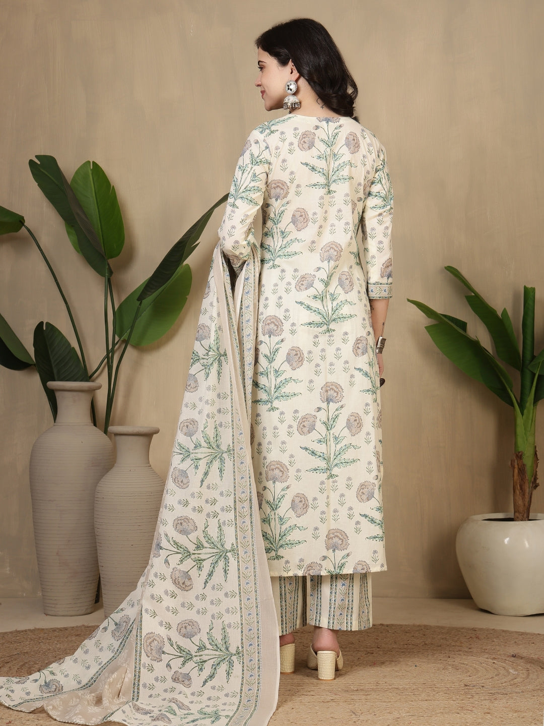 Cotton Printed Calf Length Round Neck Straight Kurta, Palazzo With Dupatta Set