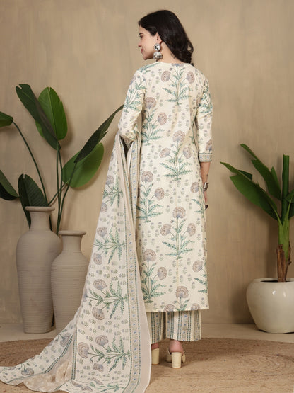 Cotton Printed Calf Length Round Neck Straight Kurta, Palazzo With Dupatta Set