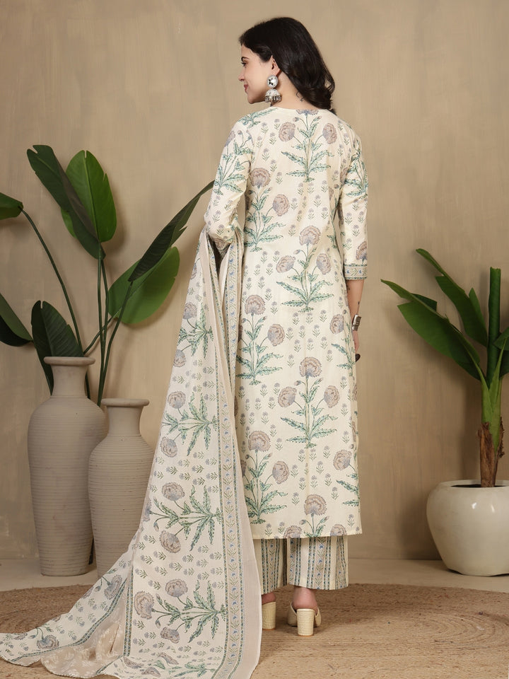Cotton Printed Calf Length Round Neck Straight Kurta, Palazzo With Dupatta Set