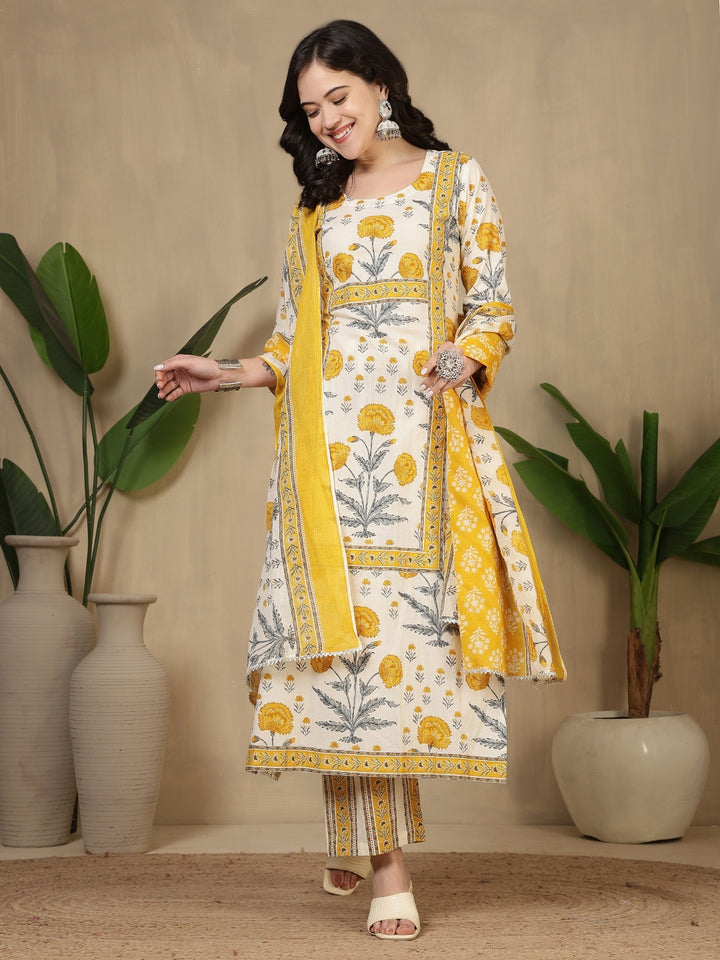 Cotton Printed Calf Length Round Neck Straight Kurta, Palazzo With Dupatta Set