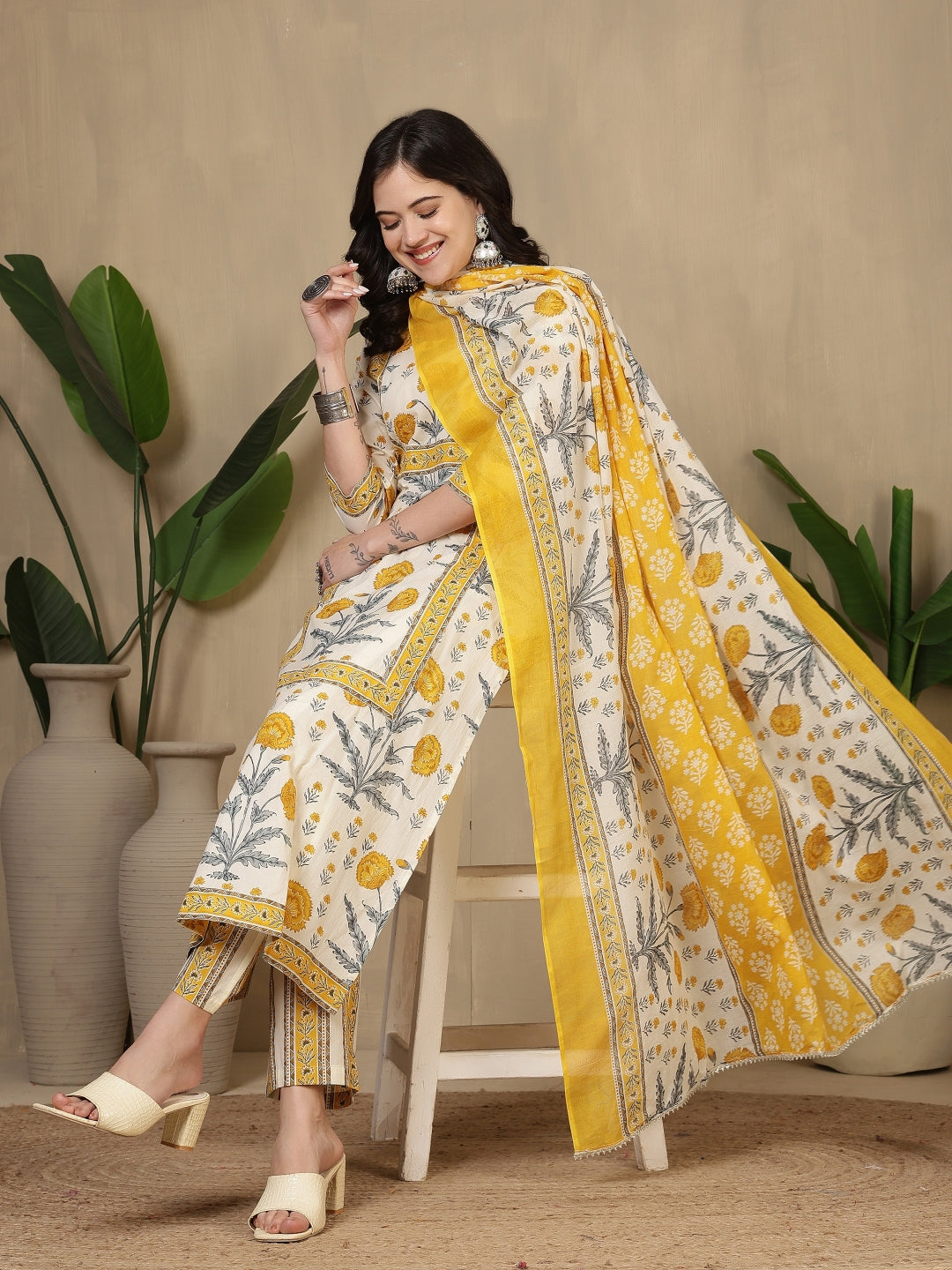 Cotton Printed Calf Length Round Neck Straight Kurta, Palazzo With Dupatta Set