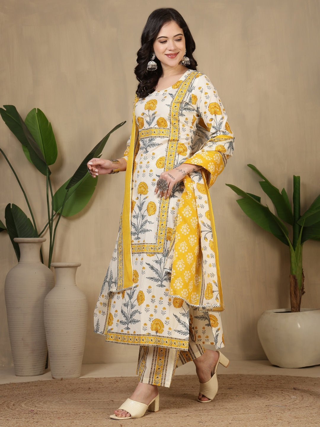 Cotton Printed Calf Length Round Neck Straight Kurta, Palazzo With Dupatta Set