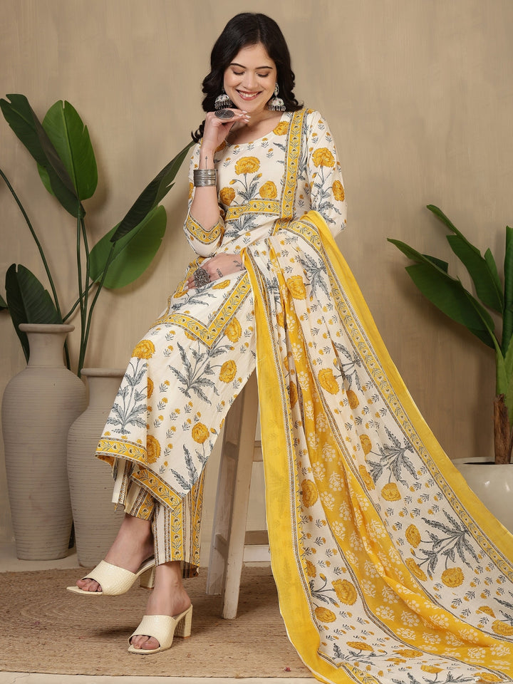 Cotton Printed Calf Length Round Neck Straight Kurta, Palazzo With Dupatta Set