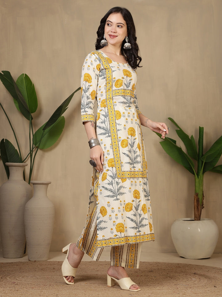 Cotton Printed Calf Length Round Neck Straight Kurta, Palazzo With Dupatta Set