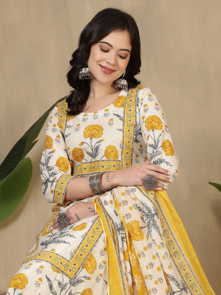 Cotton Printed Calf Length Round Neck Straight Kurta, Palazzo With Dupatta Set