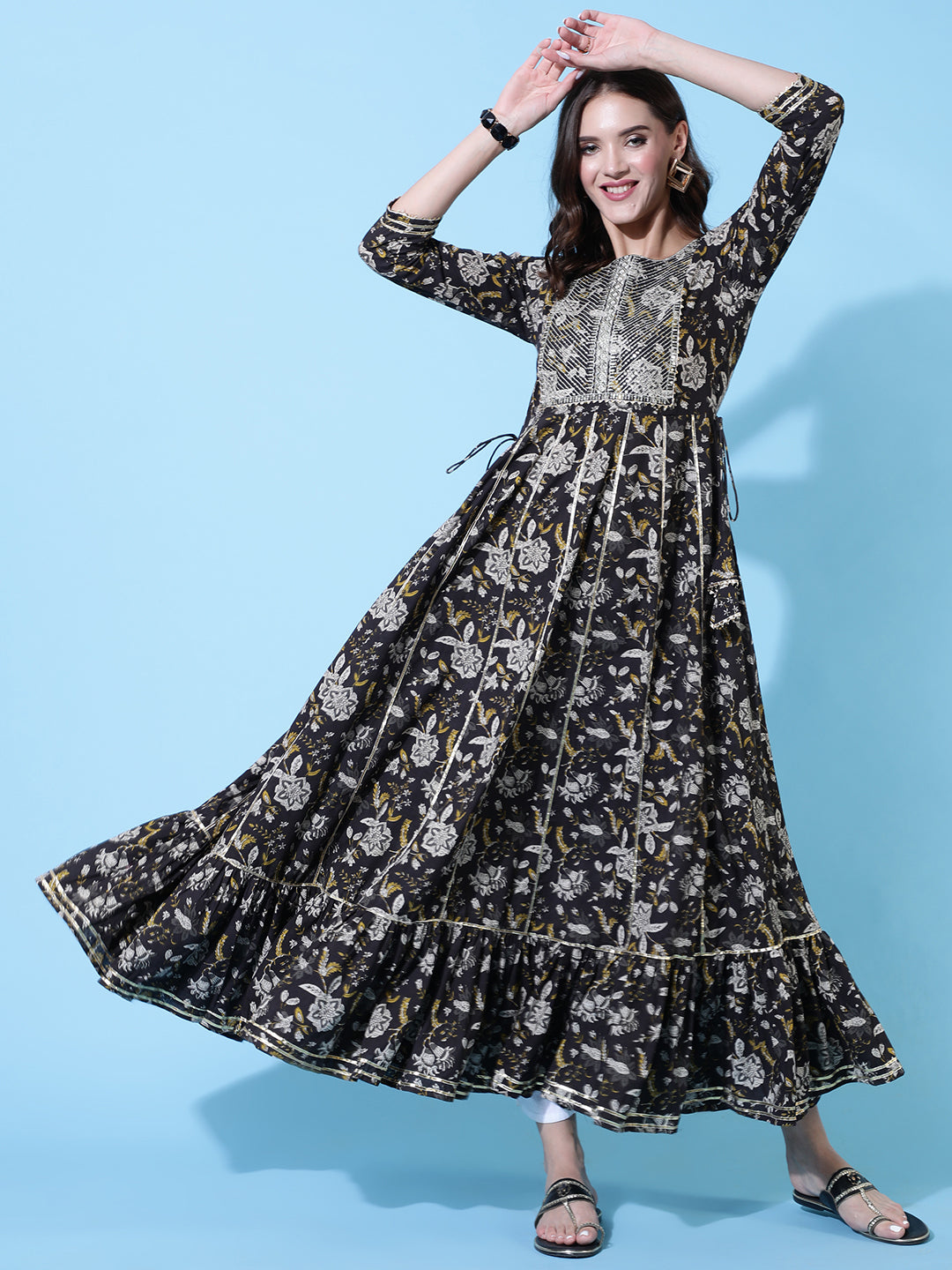 Rayon Embroidered Ankle Length Flared 3/4 Sleeve Round Neck Kurta