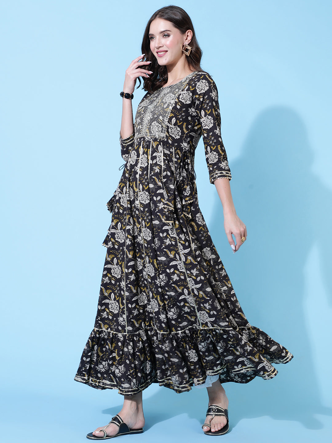 Rayon Embroidered Ankle Length Flared 3/4 Sleeve Round Neck Kurta
