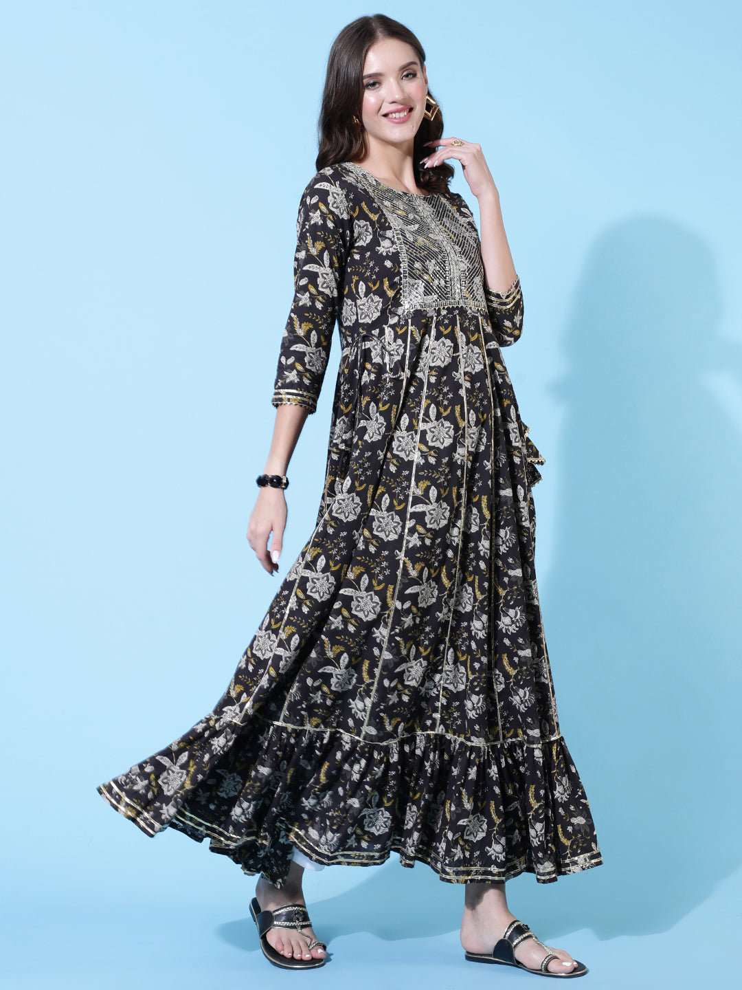 Rayon Embroidered Ankle Length Flared 3/4 Sleeve Round Neck Kurta