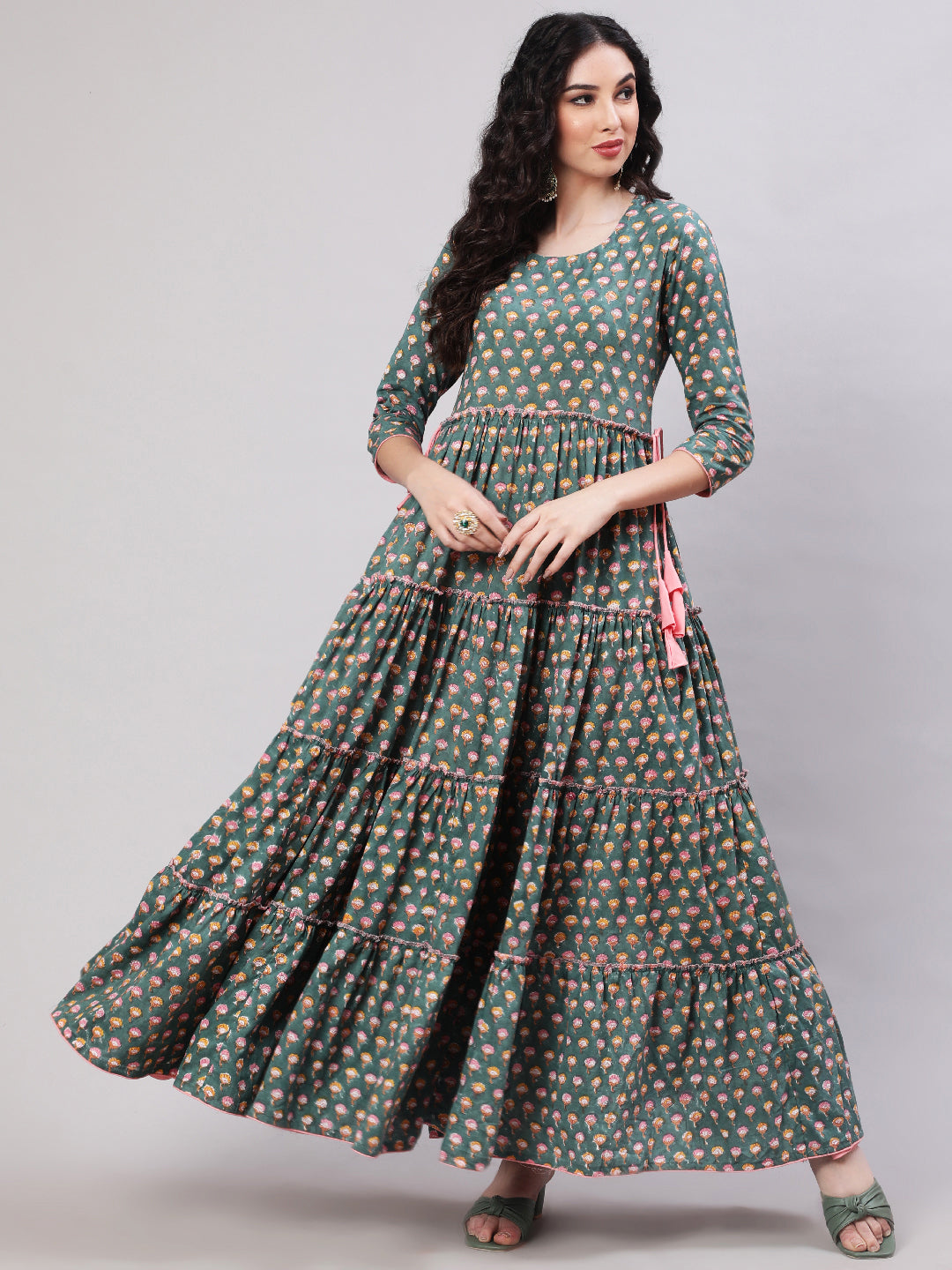 Rayon Printed Ankle Length Flared 3/4 Sleeve Round Neck Kurta