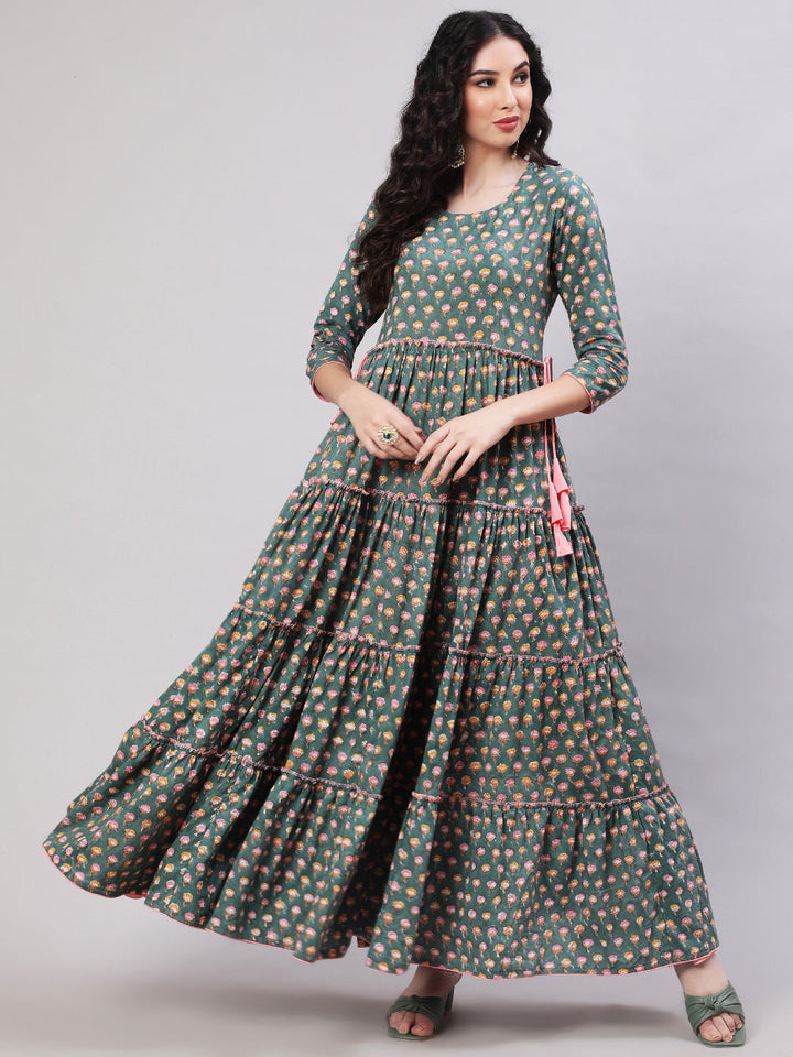 Rayon Printed Ankle Length Flared 3/4 Sleeve Round Neck Kurta