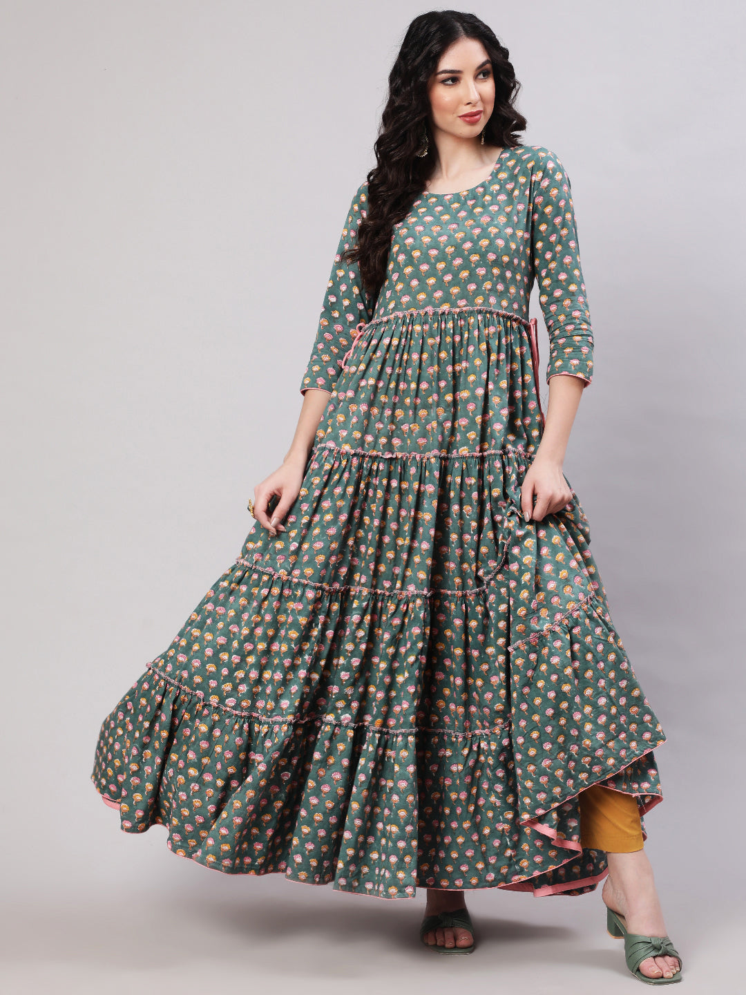Rayon Printed Ankle Length Flared 3/4 Sleeve Round Neck Kurta