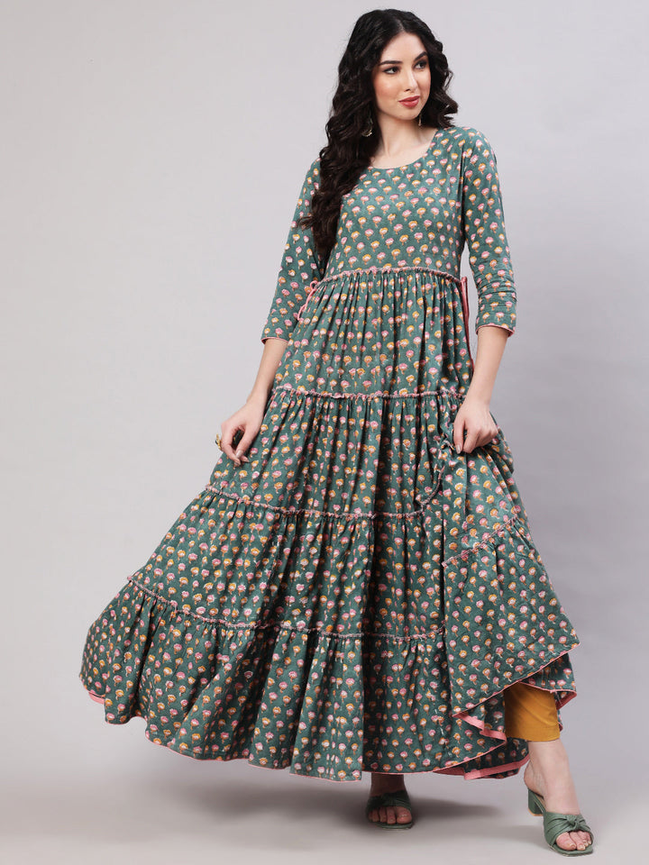 Rayon Printed Ankle Length Flared 3/4 Sleeve Round Neck Kurta