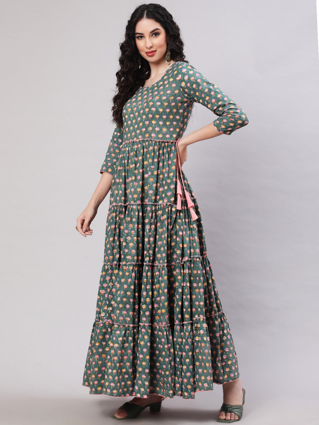 Rayon Printed Ankle Length Flared 3/4 Sleeve Round Neck Kurta