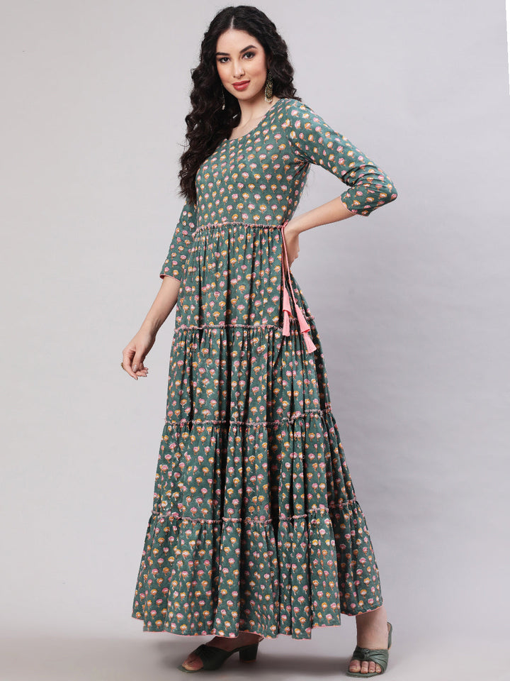 Rayon Printed Ankle Length Flared 3/4 Sleeve Round Neck Kurta