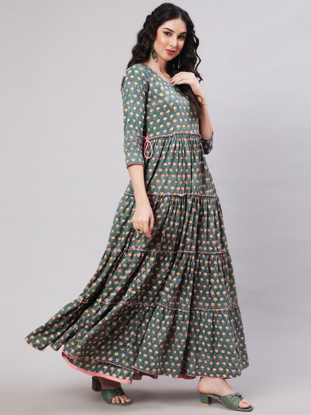 Rayon Printed Ankle Length Flared 3/4 Sleeve Round Neck Kurta