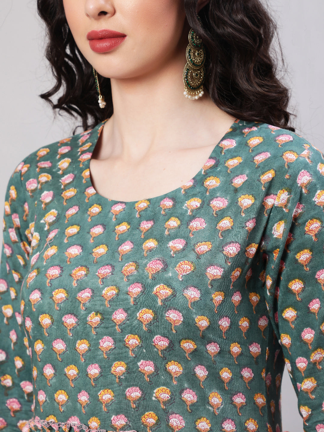 Rayon Printed Ankle Length Flared 3/4 Sleeve Round Neck Kurta