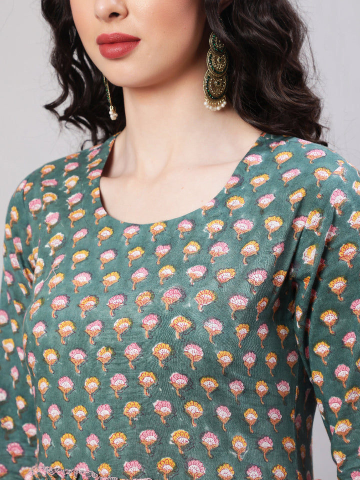 Rayon Printed Ankle Length Flared 3/4 Sleeve Round Neck Kurta