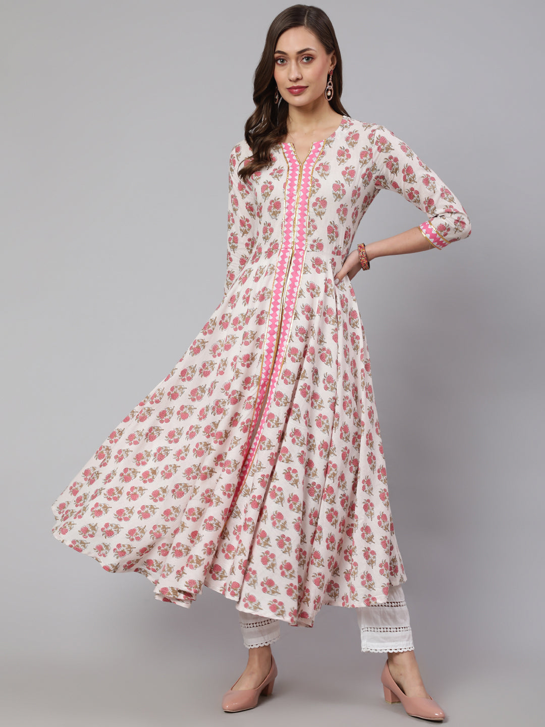 Rayon Printed Ankle Length Flared 3/4 Sleeve Round Neck Kurta