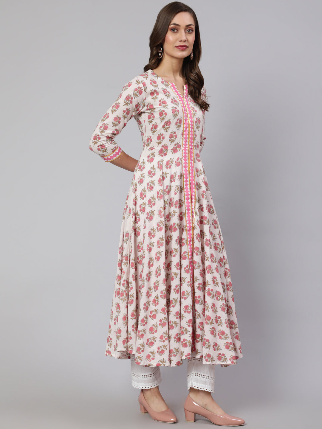 Rayon Printed Ankle Length Flared 3/4 Sleeve Round Neck Kurta