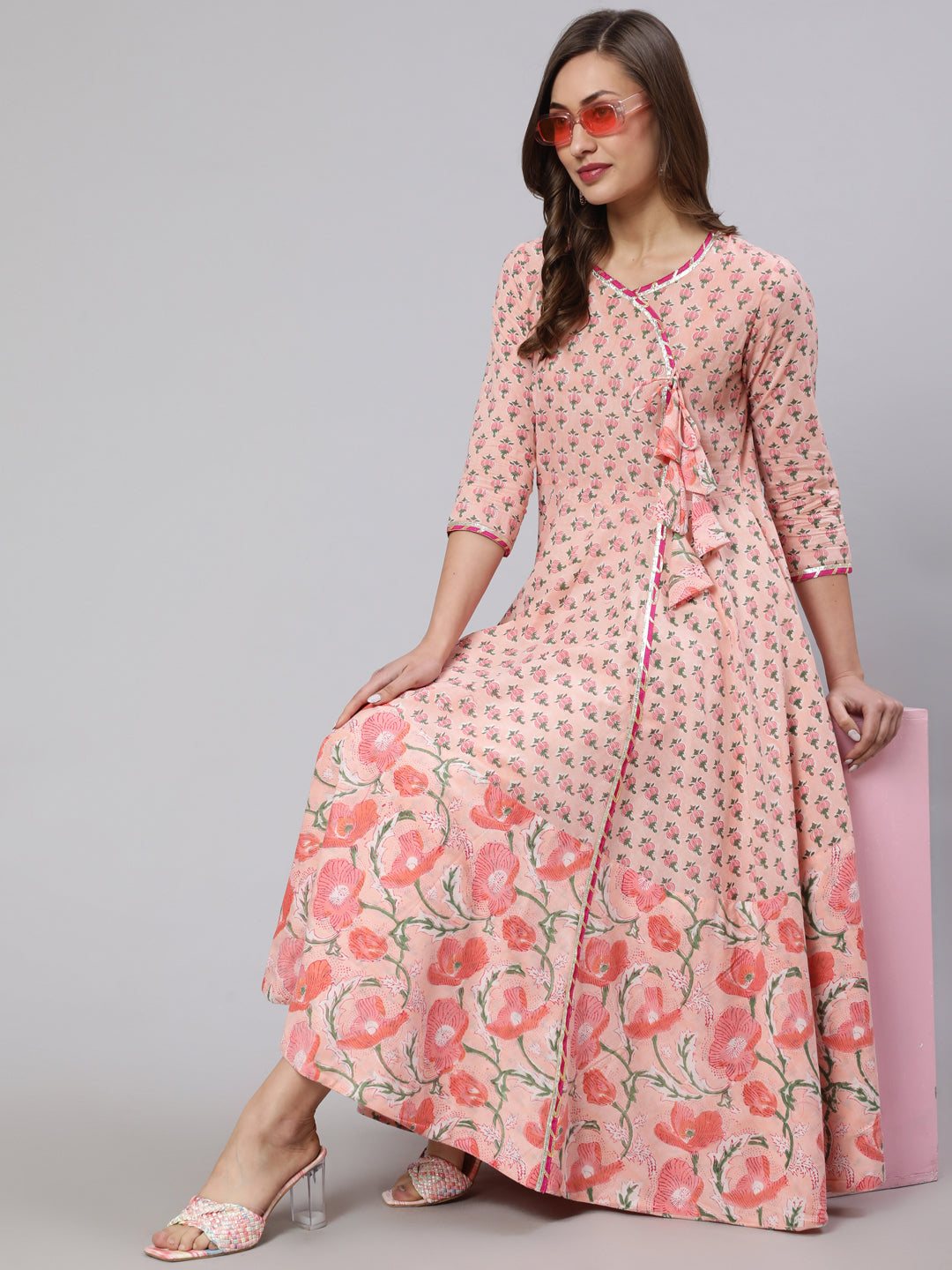 Cotton Printed Ankle Length Flared 3/4 Sleeve Round Neck Kurta