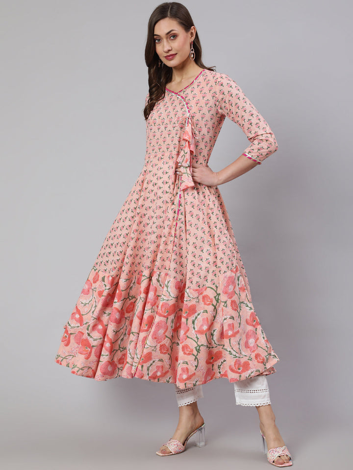 Cotton Printed Ankle Length Flared 3/4 Sleeve Round Neck Kurta