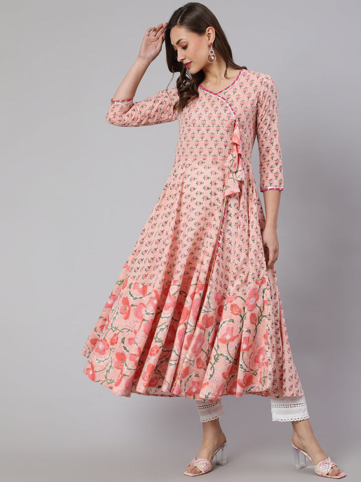 Cotton Printed Ankle Length Flared 3/4 Sleeve Round Neck Kurta