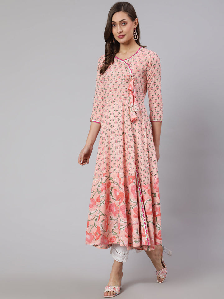 Cotton Printed Ankle Length Flared 3/4 Sleeve Round Neck Kurta