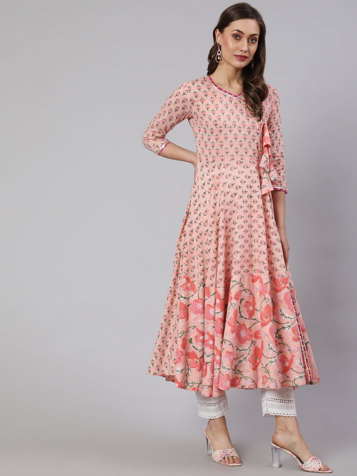 Cotton Printed Ankle Length Flared 3/4 Sleeve Round Neck Kurta