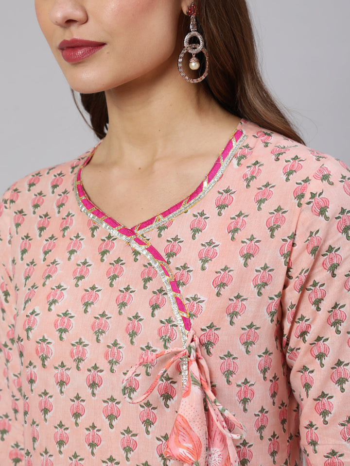 Cotton Printed Ankle Length Flared 3/4 Sleeve Round Neck Kurta