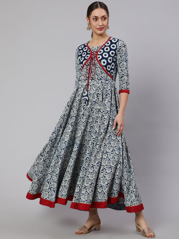 Cotton Printed Ankle Length Flared 3/4 Sleeve Round Neck Kurta