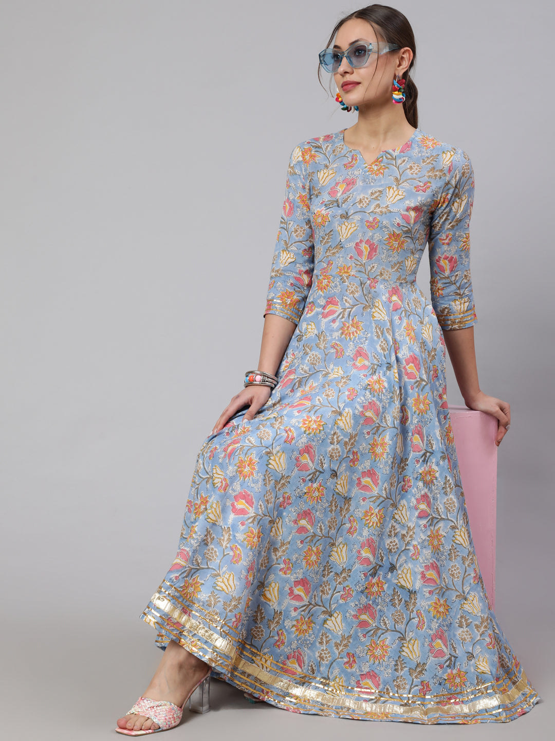 Cotton Printed Ankle Length Flared 3/4 Sleeve Round Neck Kurta