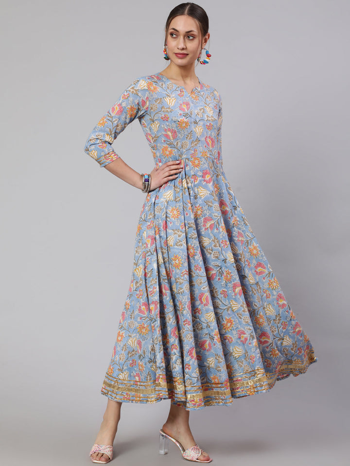Cotton Printed Ankle Length Flared 3/4 Sleeve Round Neck Kurta