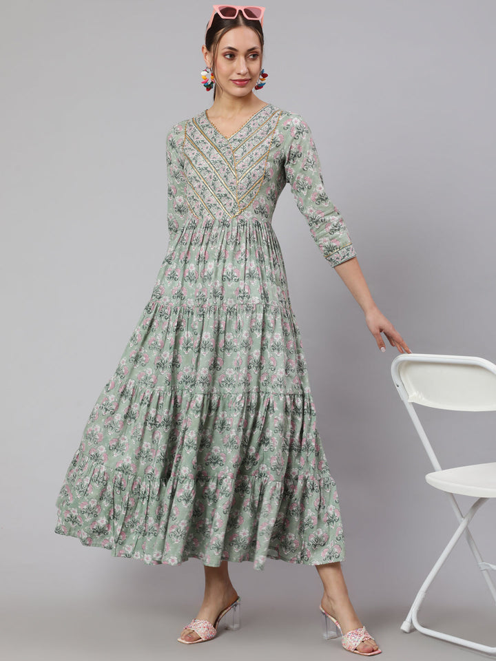 Cotton Printed Ankle Length Flared 3/4 Sleeve Round Neck Kurta