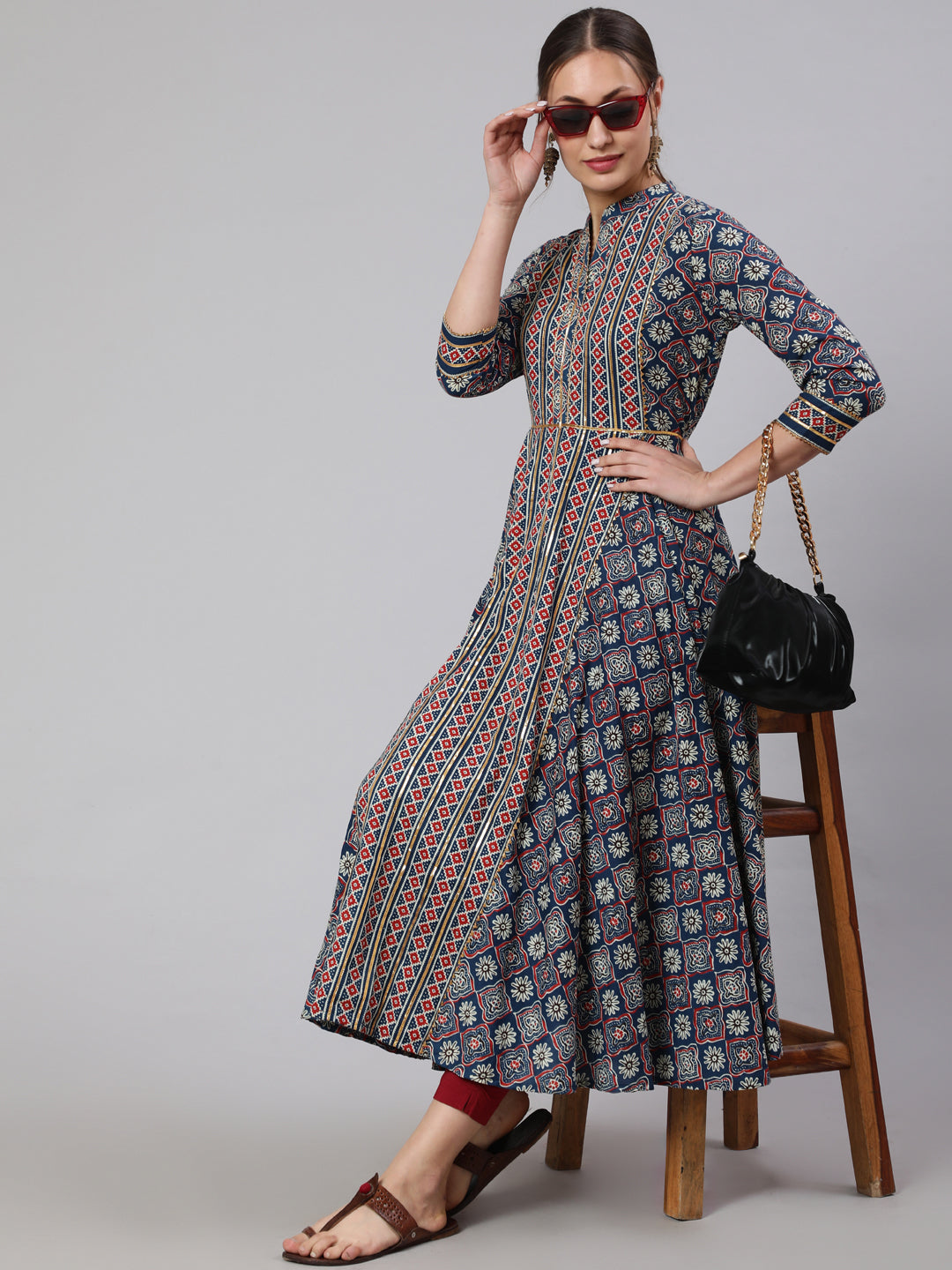 Cotton Printed Ankle Length Flared 3/4 Sleeve Mandarin Neck Kurta