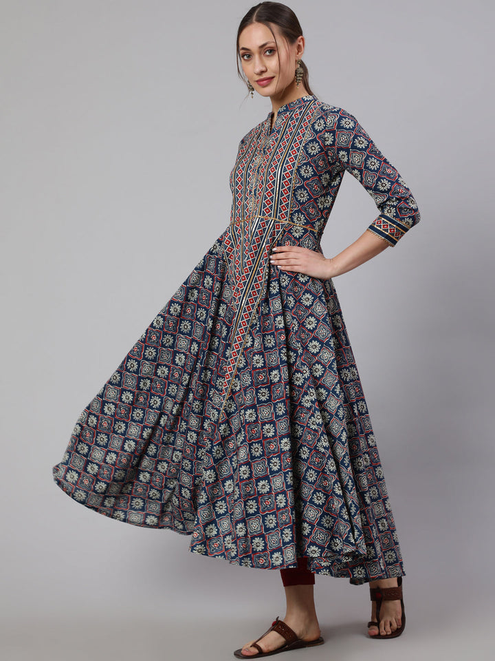 Cotton Printed Ankle Length Flared 3/4 Sleeve Mandarin Neck Kurta