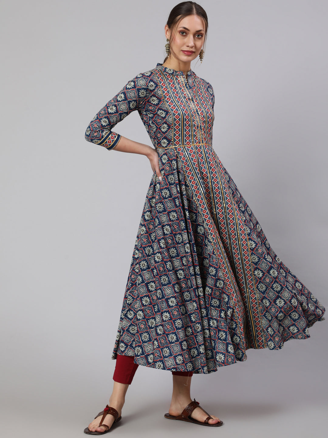 Cotton Printed Ankle Length Flared 3/4 Sleeve Mandarin Neck Kurta
