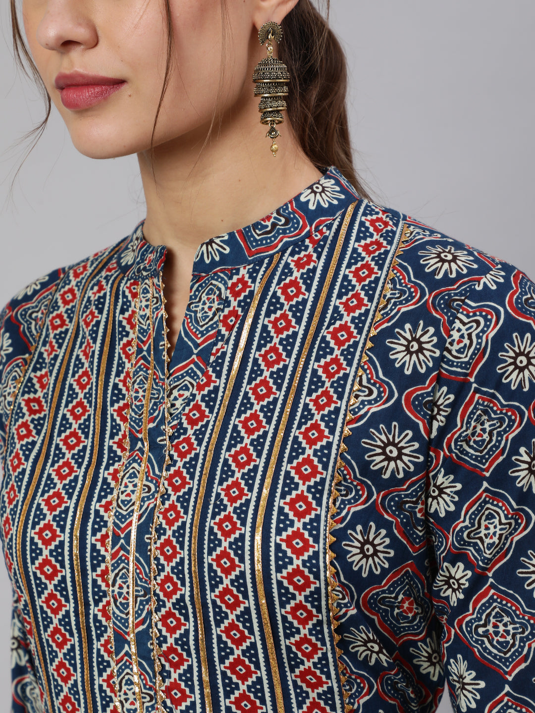 Cotton Printed Ankle Length Flared 3/4 Sleeve Mandarin Neck Kurta