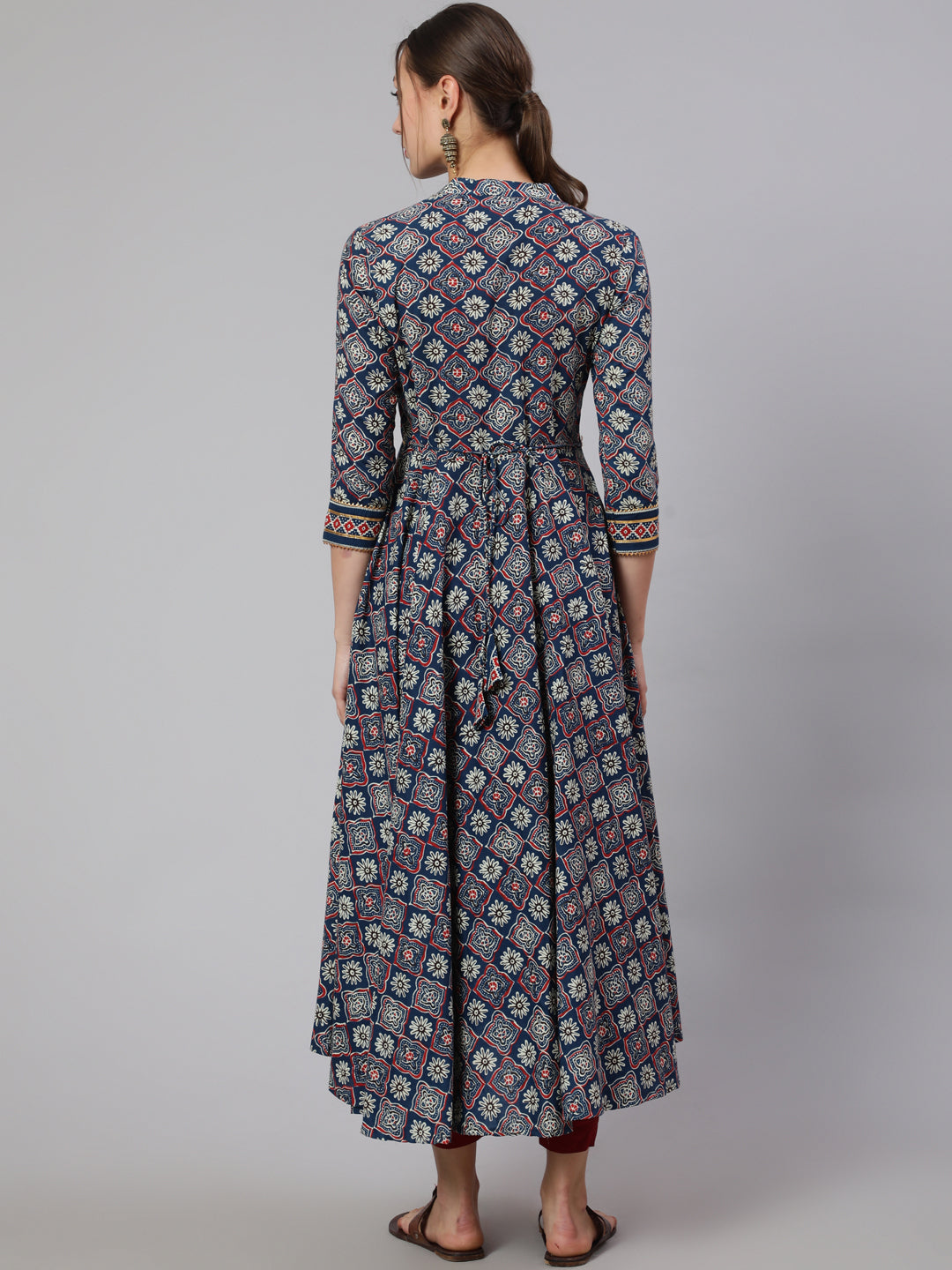 Cotton Printed Ankle Length Flared 3/4 Sleeve Mandarin Neck Kurta
