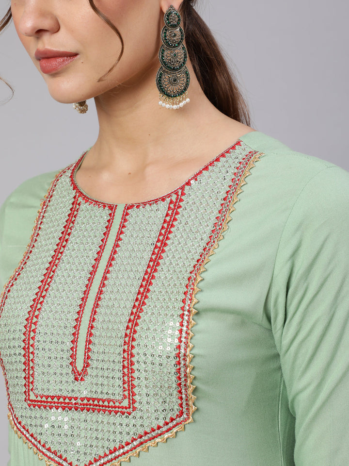 Embroidery Designer Rayon Calf Length Flared 3/4 Sleeve Round Neck Kurta