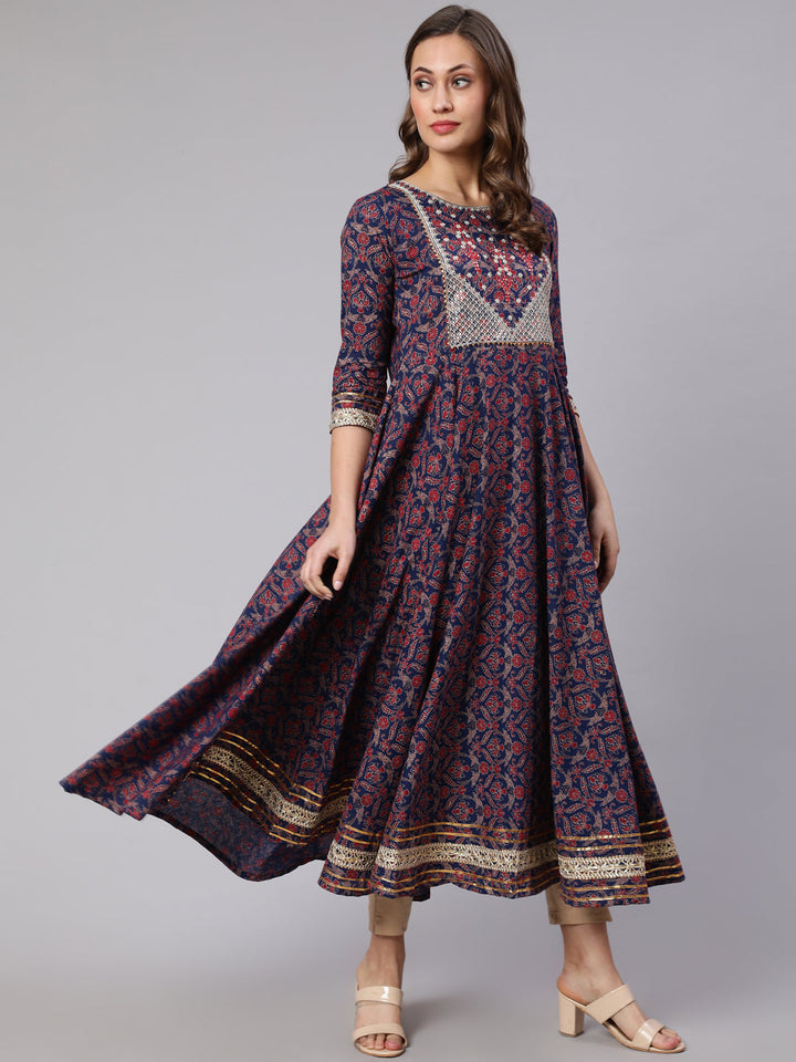 Embroidery Designer Cotton Calf Length Flared 3/4 Sleeve Round Neck Kurta