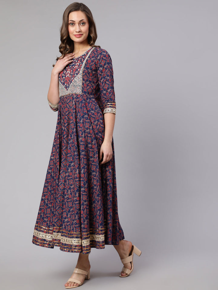Embroidery Designer Cotton Calf Length Flared 3/4 Sleeve Round Neck Kurta