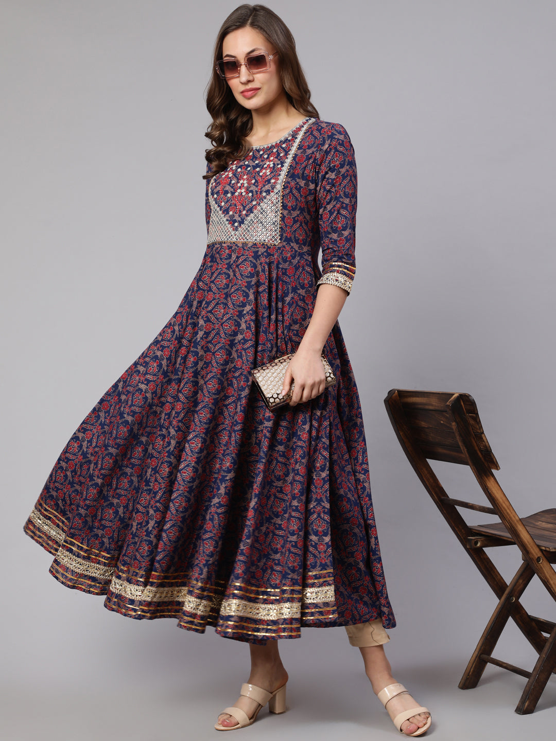 Embroidery Designer Cotton Calf Length Flared 3/4 Sleeve Round Neck Kurta