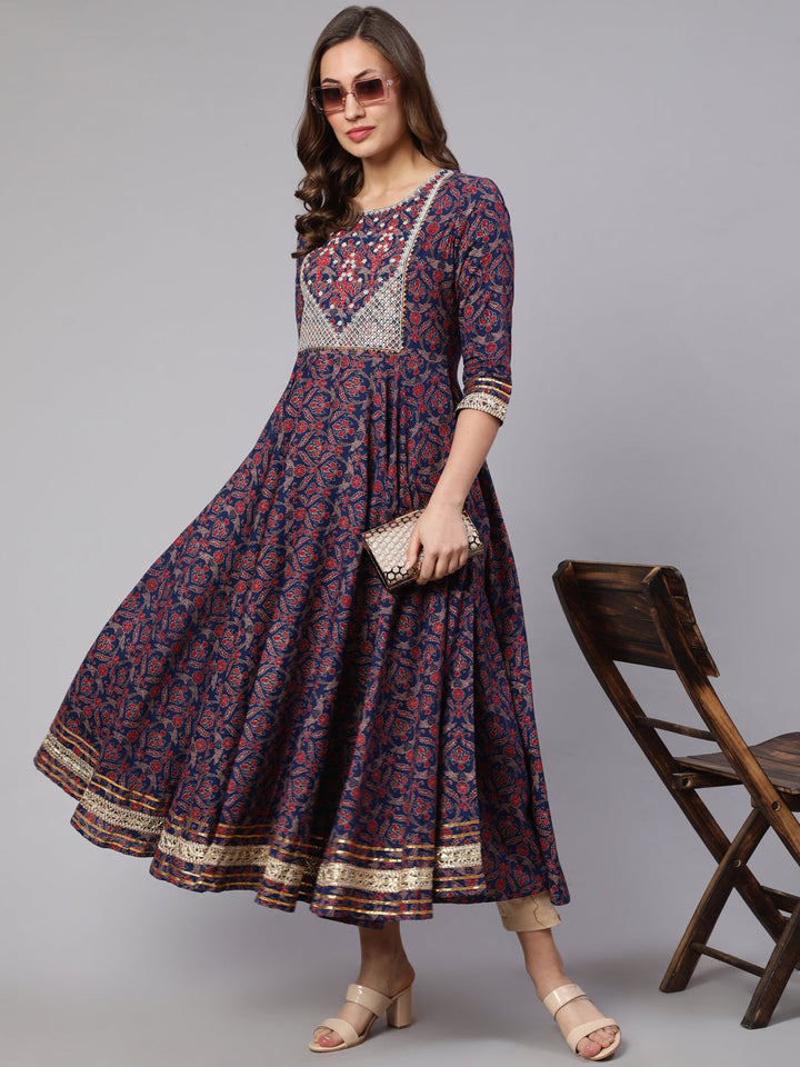 Embroidery Designer Cotton Calf Length Flared 3/4 Sleeve Round Neck Kurta