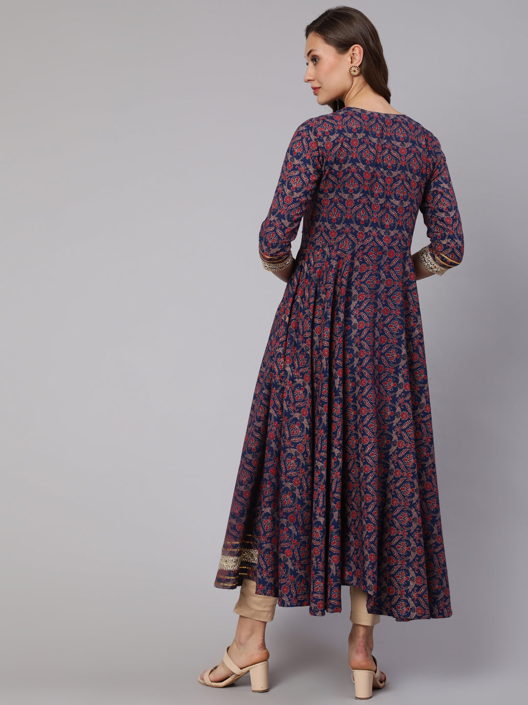 Embroidery Designer Cotton Calf Length Flared 3/4 Sleeve Round Neck Kurta